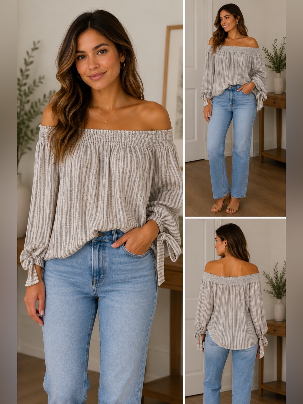 Boutique Boho Grey striped‎ off shoulder blouse. Size Medium